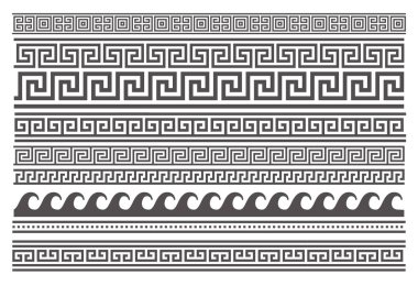 Yunan tarzı, pürüzsüz çerçeveler. Geometrik sınır seti. Vektör süsleme deseni. Akdeniz dekor elementleri