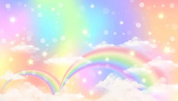 Holografische Fantasie Regenboog Eenhoorn Achtergrond Met Wolken Pastel Kleur Hemel — Stockvector