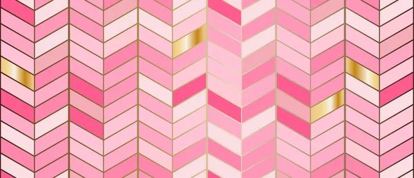 Herringbone Tegelpatroon Diagonaal Roze Keramische Bakstenen Achtergrond Met Goud Vector — Stockvector
