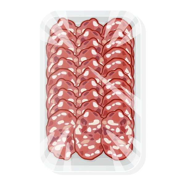 Saucisse Tranchée Dans Plateau Plastique Salami Emballage Sous Vide Illustration — Image vectorielle