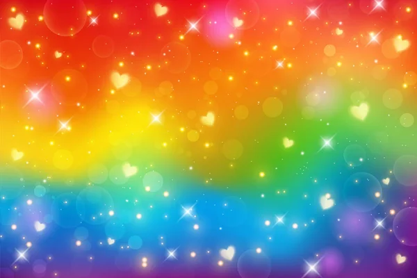 Rainbow Unicorn Fantasy Background Bokeh Stars Holographic Bright Multicolored Sky — Stok Vektör