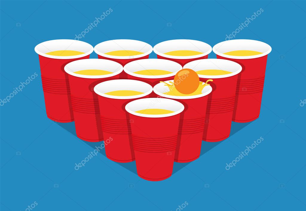 Red beer pong illustration. Plastic cups and ball with splashing beer. Traditional party drinking game. Vector illustration.
