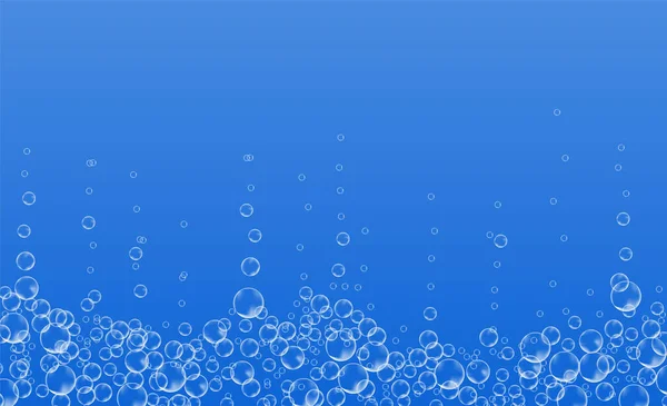固化ソーダの水中泡 空気の流れ 現実的な酸素ポップの発酵飲料です ベクトルが青い背景に輝きます — ストックベクタ