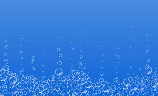 Underwater bubbles of fizzing soda. Streams of air. Realistic oxygen pop in effervescent drink. Vector sparkles on blue background