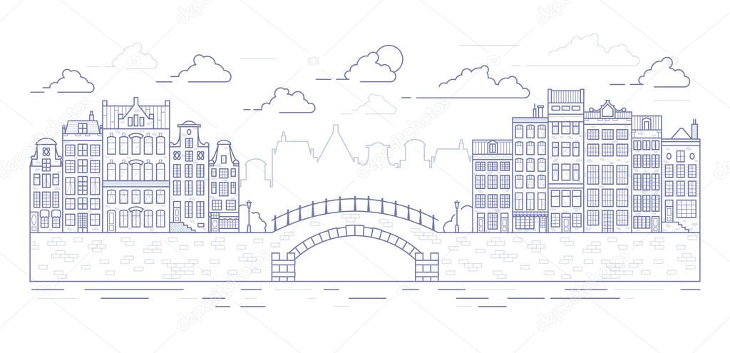 Amsterdam old style houses. Typical dutch canal homes lined up near a canal in the Netherlands. Building and facades on bridge. Vector outline illustration