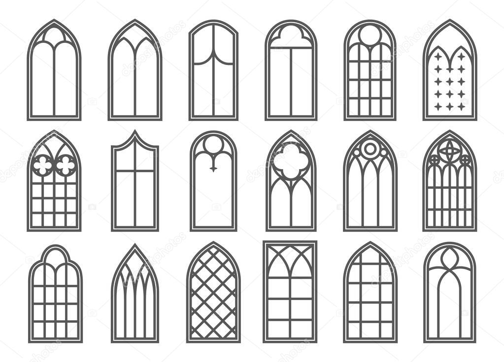 Church medieval windows set. Old gothic style architecture elements. Vector outline illustration on white background