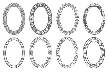 Yunan anahtar oval çerçeve takımı. Kenarları daha vahşi süslemelerle çember yapın. Elips antik tasarımlar. Vektör illüstrasyonu.