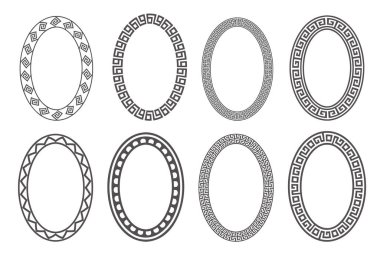 Greek key oval frame set. Circle borders with meander ornaments. Ellipse ancient designs. Vector illustration.