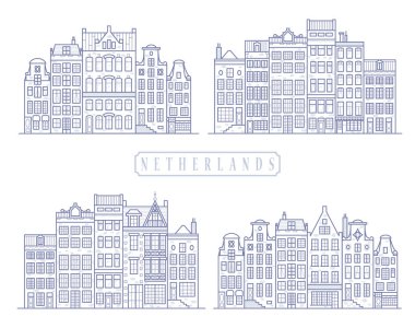 Amsterdam 'daki evler. İskandinav tarzı Avrupalı eski binaların cepheleri. Hollanda evleri. Vektör seti.