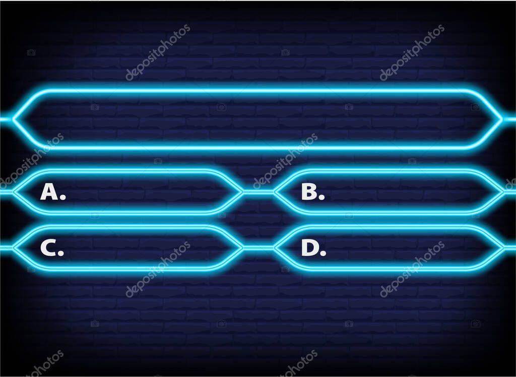 Neon quiz game template. Four options answers for knowledge exam in school, tv show. Vector Illustration 10 eps.