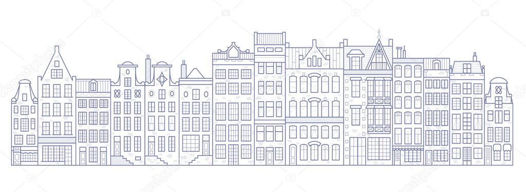 Amsterdam old style houses. Typical dutch canal houses lined up near a canal in the Netherlands. Building and facades for Banner or poster. Vector line art illustration.
