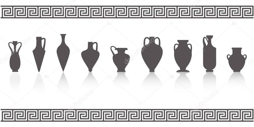Greek vases silhouettes. Ancient amphoras and pots glyph illustration. Clay ceramic earthenware. Vector