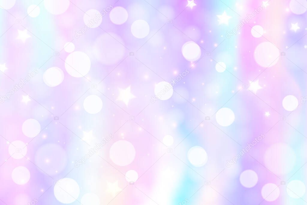 Rainbow unicorn background. Pastel gradient color sky with glitter and bokeh. Magic galaxy space and stars. Vector abstract parttern