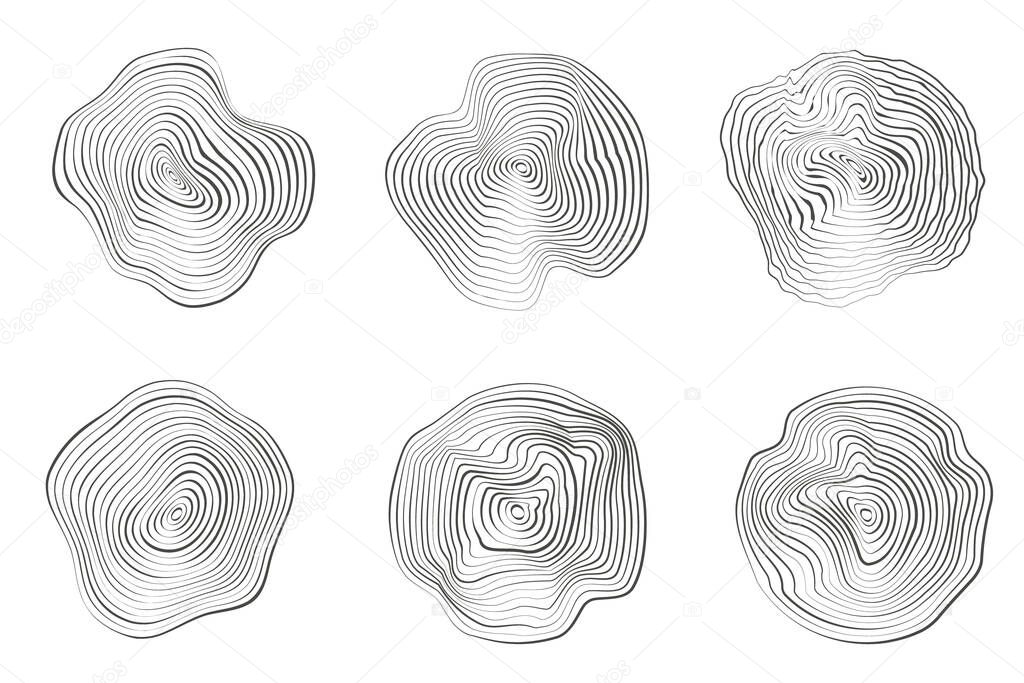 Wooden tree rings. Abstract topography circles. Organic texture shapes. Vector outline illustrations set