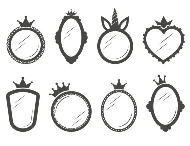 Vintage princess mirrors in royal style on white background. Retro frames design with crown for baby girl birthday and party. Vector silhouette