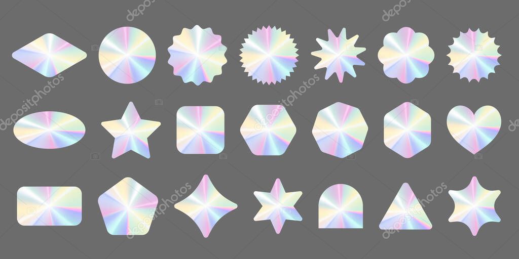 Holographic stickers set. Silver label gradient stamps. Metal texture badges. Iridescent rainbow foil in different geometric shapes. Vector neon emblems
