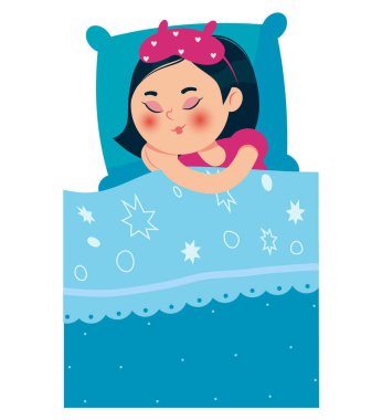 Girl sleeping in bed after a pajama party. A girl with an oriental appearance. Vector illustration. Can be used for invitations, flyers and banners
