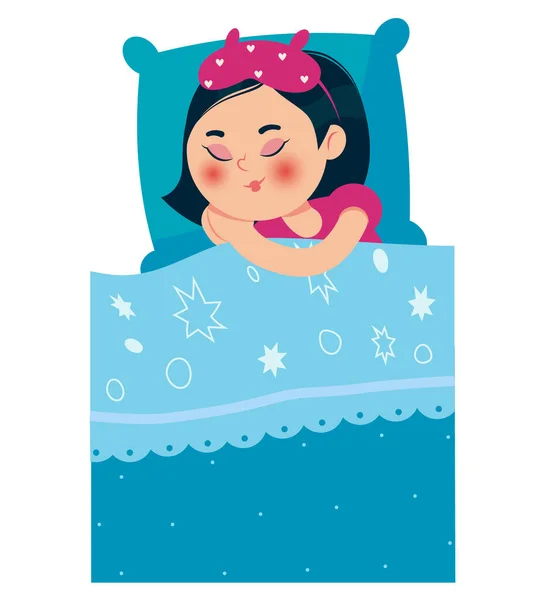Girl Sleeping Bed Pajama Party Girl Oriental Appearance Vector Illustration — Stockvektor