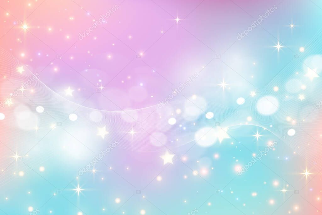 Fantasy watercolor illustration with rainbow pastel sky with stars. Abstract unicorn cosmic backdrop. Cartoon girlie vector illustration