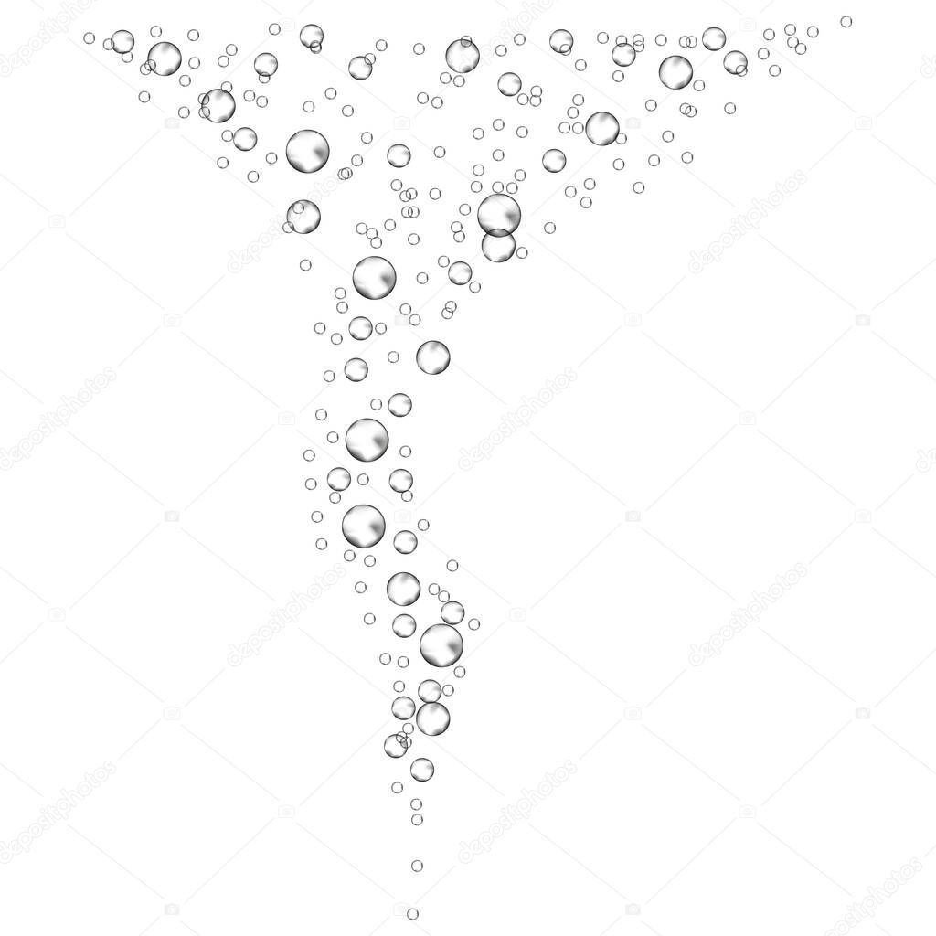 Underwater bubbles of fizzing soda. Streams of air. Dissolving tablets. Realistic oxygen pop in effervescent drink. Vector sparkles on white background