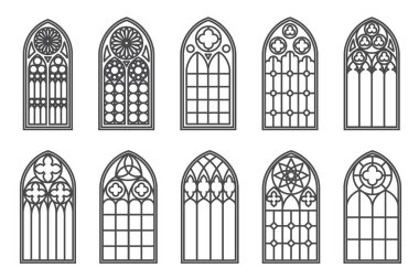 Kilise ortaçağ pencereleri. Eski gotik mimari unsurlar. Beyaz arkaplanda vektör çizimi