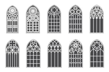 Kilise ortaçağ pencereleri. Eski gotik mimari unsurlar. Beyaz arkaplanda vektör çizimi
