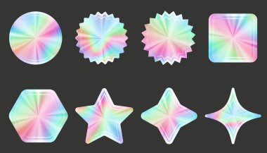 Holographic stickers set. Silver label gradient stamps. Metal texture badges. Iridescent rainbow foil in different geometric shapes. Vector neon emblems