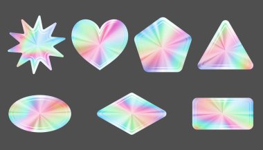 Holographic stickers set. Silver label gradient stamps. Metal texture badges. Iridescent rainbow foil in different geometric shapes. Vector neon emblems