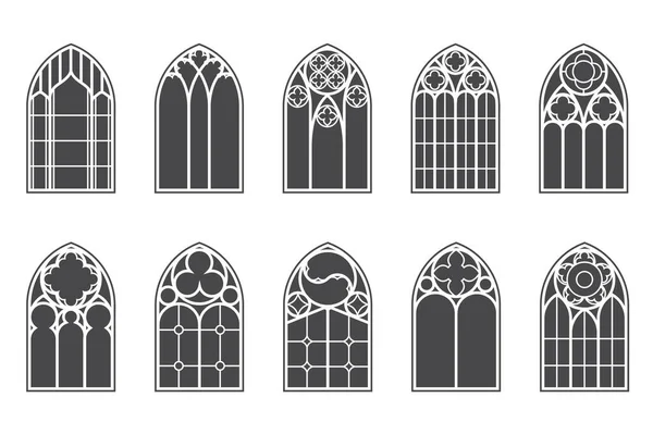 Église Fenêtres Médiévales Ensemble Vieux Éléments Architecture Style Gothique Illustration — Image vectorielle