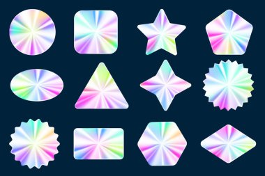 Holographic stickers set. Silver label gradient stamps. Metal texture badges. Iridescent rainbow foil in different geometric shapes. Vector neon emblems
