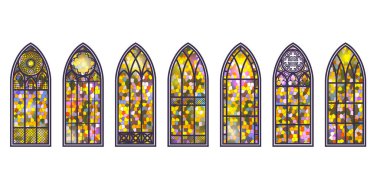 Gotik pencereler ayarlandı. Eski mozaik cam kilise çerçeveleri. Geleneksel Avrupa mimarisi unsuru. Vektör.