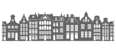 European houses seamless border. Amsterdam buildings row pattern. Silhouette of street of the city. Vintage architecture landscape. Vector panorama