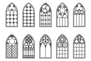 Kilise ortaçağ pencereleri. Eski gotik mimari unsurlar. Beyaz arkaplanda vektör çizimi