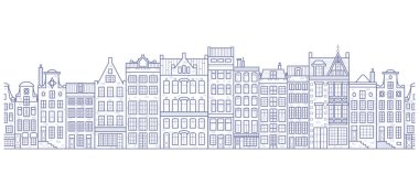 European houses seamless border. Amsterdam buildings row pattern. Street of the city in outline style. Vintage architecture landscape. Vector panorama.