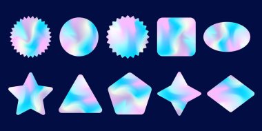 Holographic stickers set. Rainbow label gradient stamps. Metal texture badges. Iridescent foil in different geometric shapes. Vector neon emblems