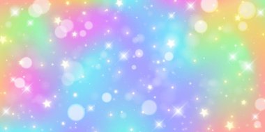 Rainbow background. Pastel color abstract pattern with bokeh and stars. Unicorn fantasy sky with glitter. Vector illustration