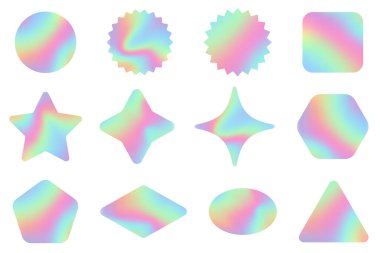 Holographic stickers set. Rainbow label gradient stamps. Metal texture badges. Iridescent foil in different geometric shapes. Vector neon emblems