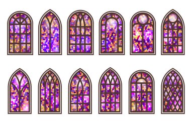 Gotik pencereler ayarlandı. Eski mozaik cam kilise çerçeveleri. Geleneksel Avrupa mimarisi unsuru. Vektör.