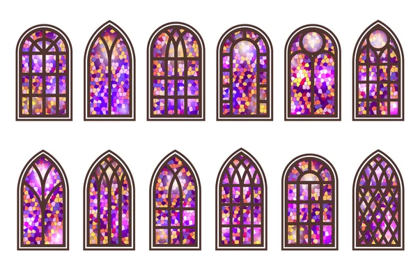 Gotik pencereler ayarlandı. Eski mozaik cam kilise çerçeveleri. Geleneksel Avrupa mimarisi unsuru. Vektör.