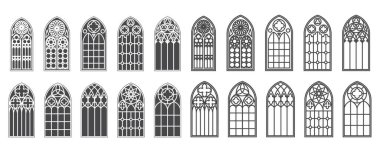 Kilise pencereleri hazır. Gotik kemerlerin siluetleri ve klasik şekil. Eski katedral cam çerçeveler. Ortaçağ iç unsurları. Vektör illüstrasyonu.