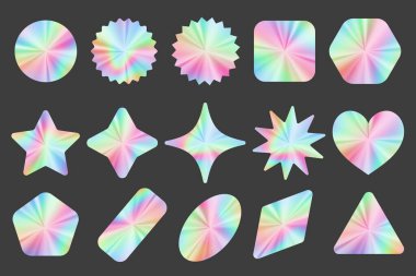 Holographic stickers set. Silver label gradient stamps. Metal texture badges. Iridescent rainbow foil in different geometric shapes. Vector neon emblems