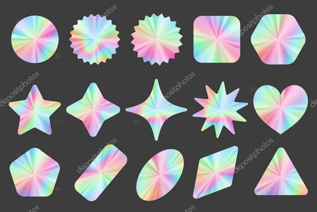 Holographic stickers set. Silver label gradient stamps. Metal texture badges. Iridescent rainbow foil in different geometric shapes. Vector neon emblems
