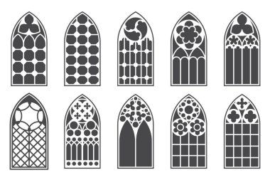 Kilise ortaçağ pencereleri. Eski gotik mimari unsurlar. Beyaz arkaplanda vektör çizimi