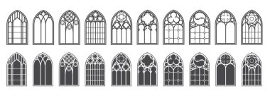 Kilise pencereleri hazır. Gotik kemerlerin siluetleri ve klasik şekil. Eski katedral cam çerçeveler. Ortaçağ iç unsurları. Vektör illüstrasyonu.