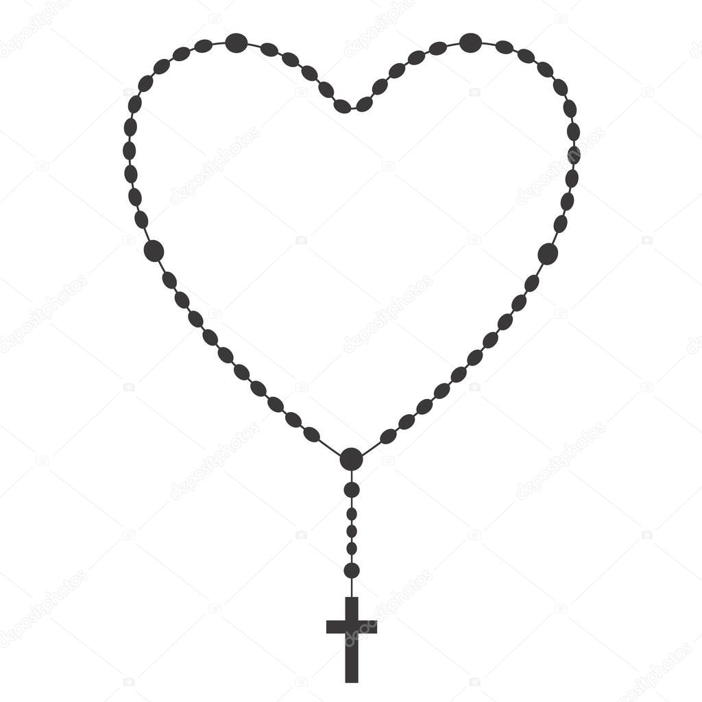 Rosary beads silhouette. Prayer heart shaped jewellery for meditation. Catholic chaplet with a cross. Religion symbol. Vector isolated illustration