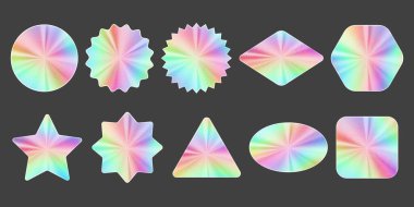 Holographic stickers set. Silver label gradient stamps. Metal texture badges. Iridescent rainbow foil in different geometric shapes. Vector neon emblems