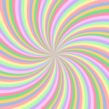 Gökkuşağı kıvrımlı arka plan. Bükülmüş spiral gökkuşağının radyal pastel rengi. Vektör illüstrasyonu