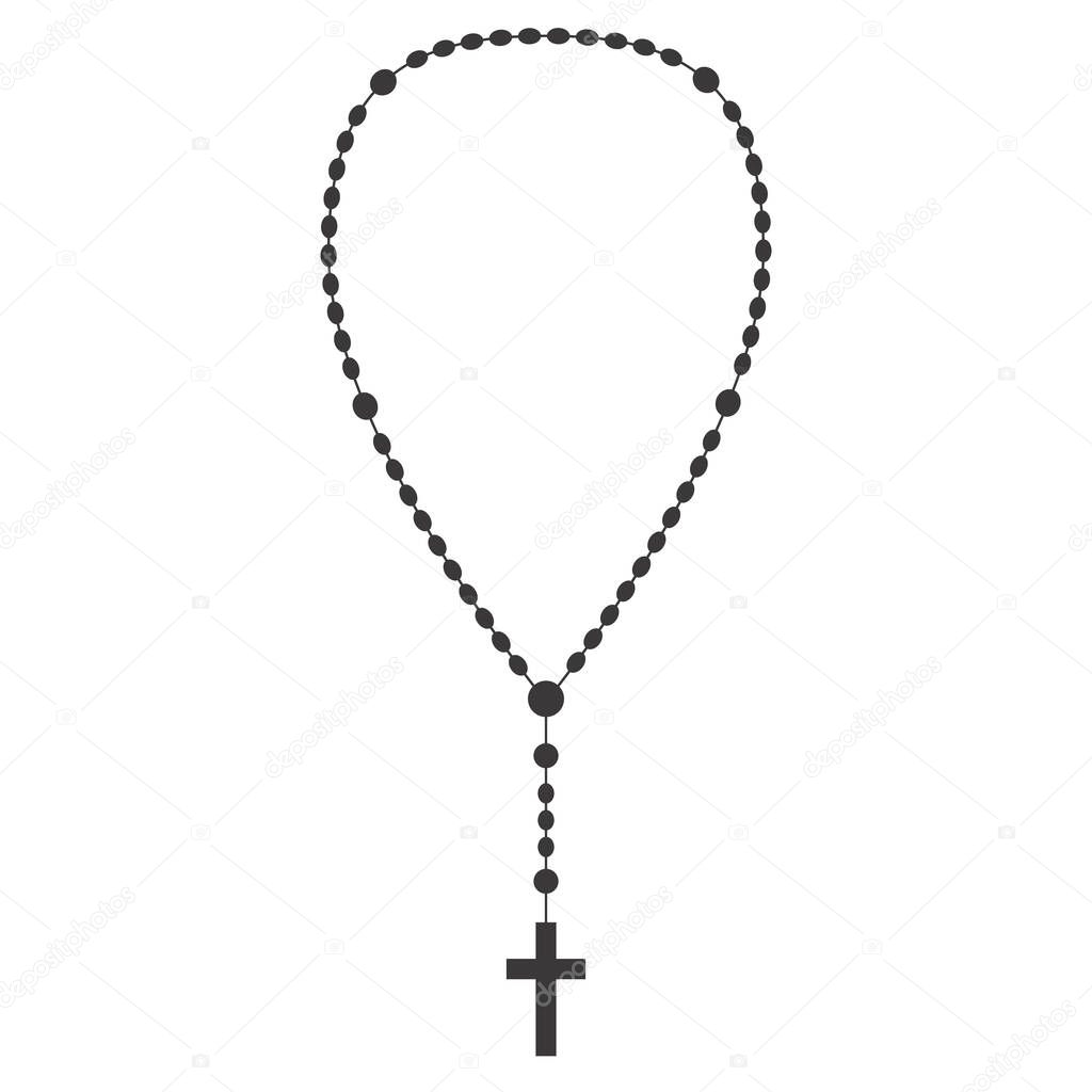Rosary beads silhouette. Prayer jewellery for meditation. Catholic chaplet with a cross. Religion symbol. Vector isolated illustration