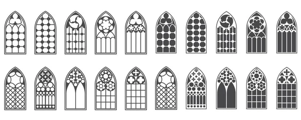 Church windows set. Silhouettes of gothic arches in line and glyph classic style. Old cathedral glass frames. Medieval interior elements. Vector illustration.