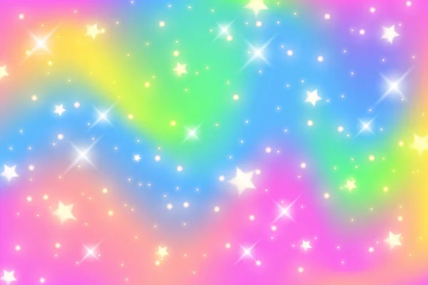 レインボーユニコーンの背景 星と輝きを持つガーリープリンセス空 グラデーションのホログラフィックファンタジーを背景に ベクトル抽象的な虹色のテクスチャ — ストックベクタ